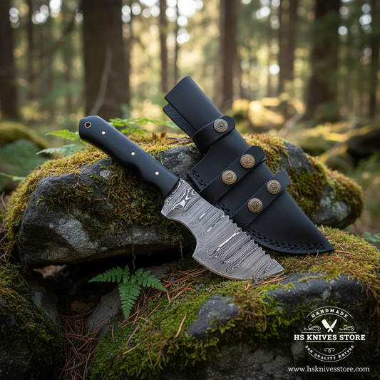 Black Micarta Damascus tracker hunting knife and leather sheath arranged on mossy forest rocks