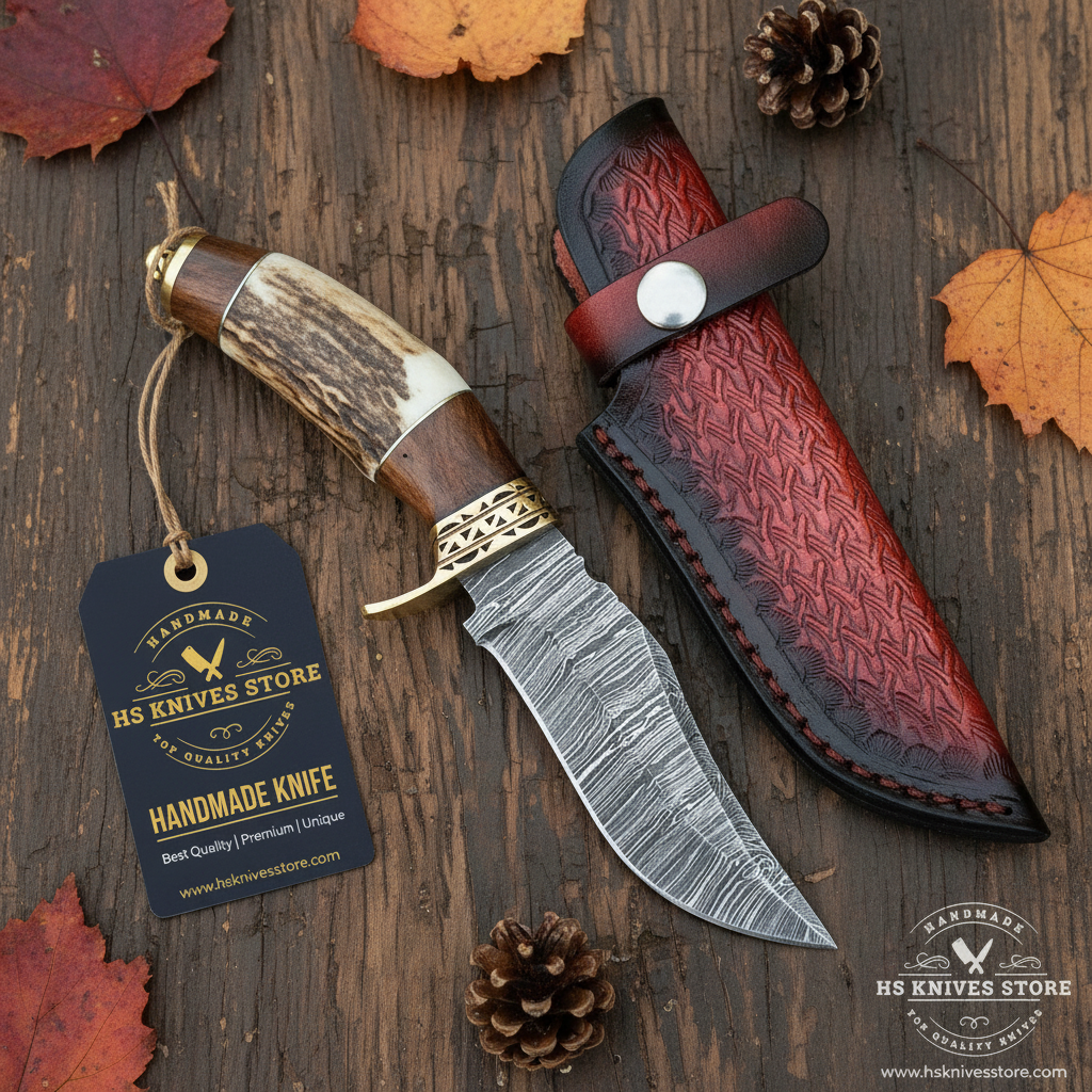 Damascus steel hunting knife stag handle flat lay on dark rustic wood with HS Knives Store hang tag attached autumn leaves pine cones