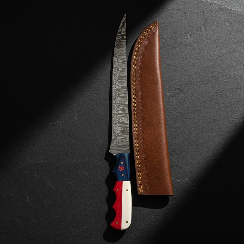 Vertical luxury shot of handmade Damascus fillet knife on dark slate background with brown leather sheath