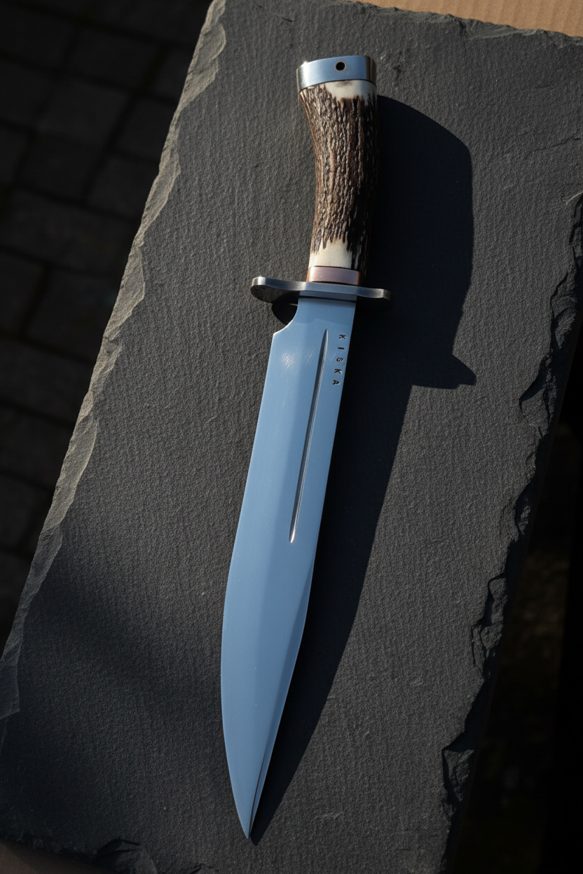 Handmade Bowie knife vertical display on dark slate luxury collector photography