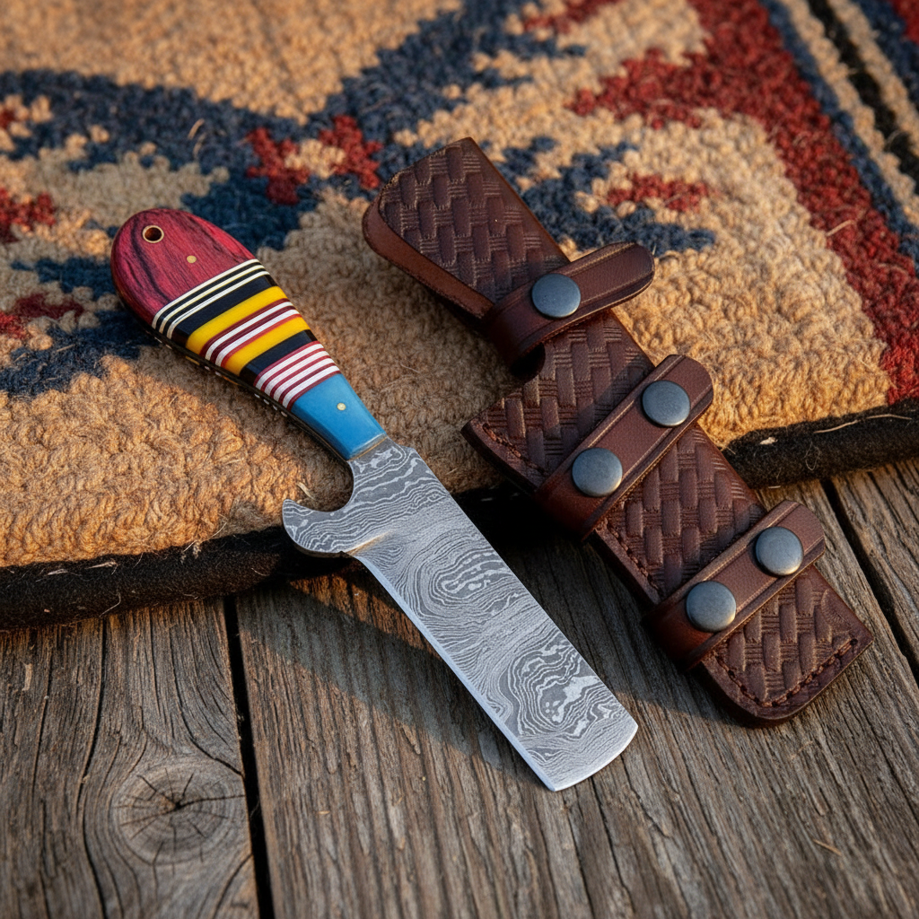 Damascus steel cowboy bull cutter hunting knife on a Western saddle blanket