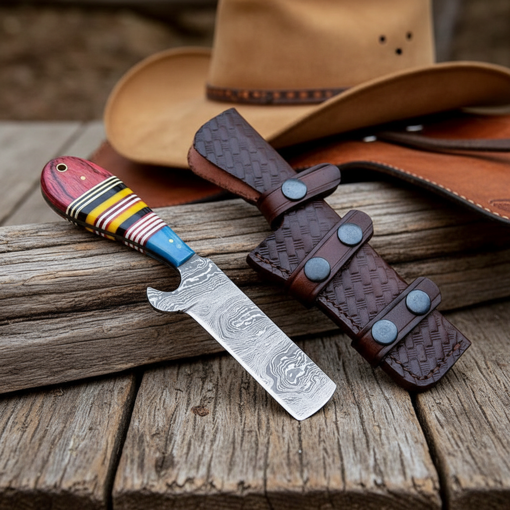 Handmade Damascus steel cowboy bull cutter hunting knife on a rustic ranch table