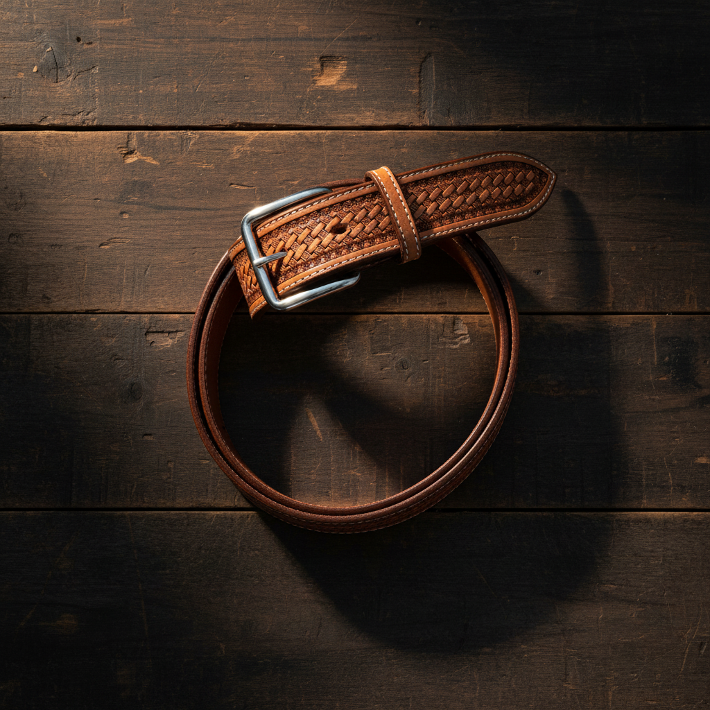 Hand-tooled tan leather western belt flat lay rustic wood surface silver buckle amber lighting