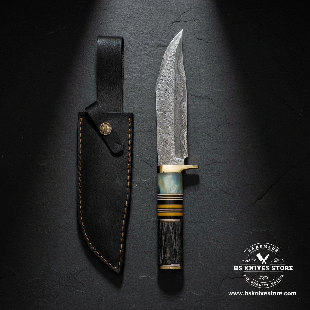 Damascus Bowie knife displayed vertically on dark slate with abalone horn handle and black leather sheath luxury shot