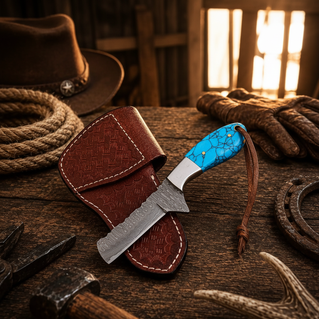 Right-side angle of a turquoise handle Damascus Bull Cutter Knife with separate side pancake leather belt sheath by a western saddle
