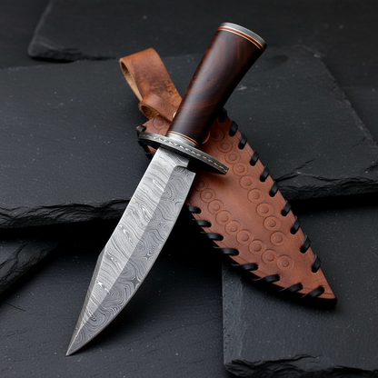 Vertical luxury shot of handmade Damascus Bowie knife on dark slate background with leather sheath