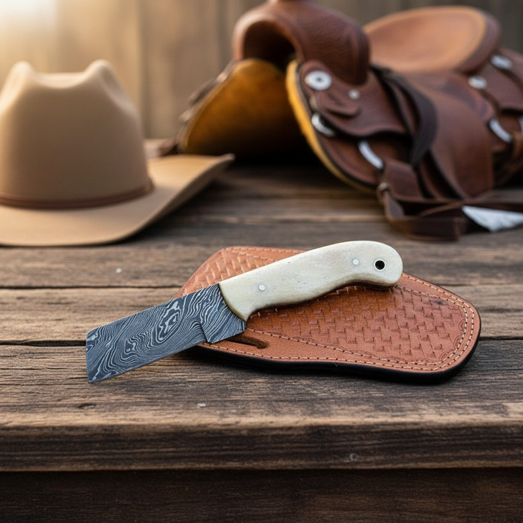 Damascus steel cowboy bull cutter knife on a rustic Western ranch table