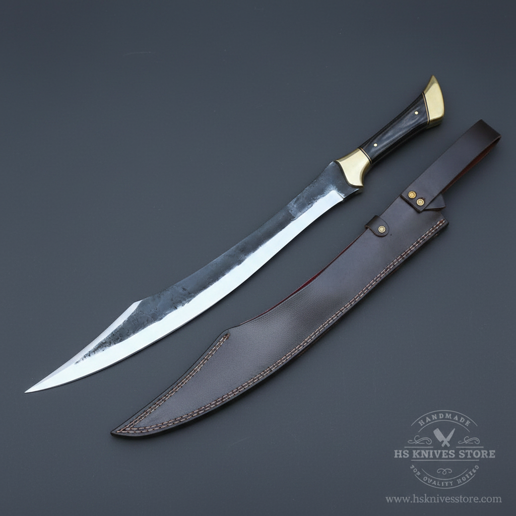 Opposite-facing curved carbon steel Falcata collector blade with black handle and leather sheath in studio lighting