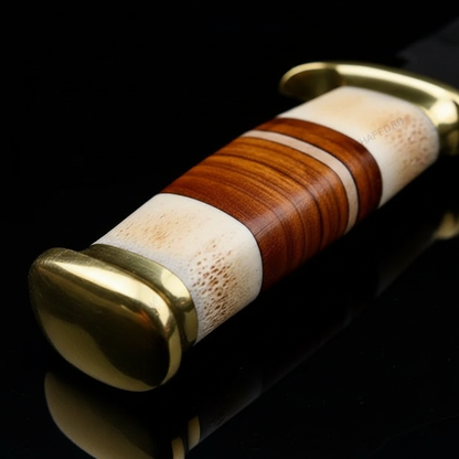 Close-up stacked leather handle bone spacer brass guard handmade hunting knife detail