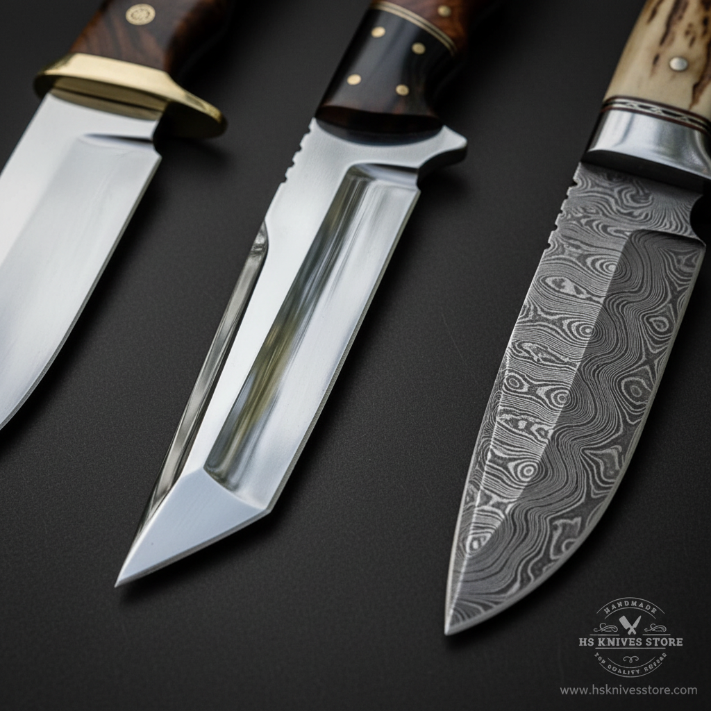 Close-up macro of three knife blades polished stainless steel mirror finish and Damascus steel swirling pattern side by side