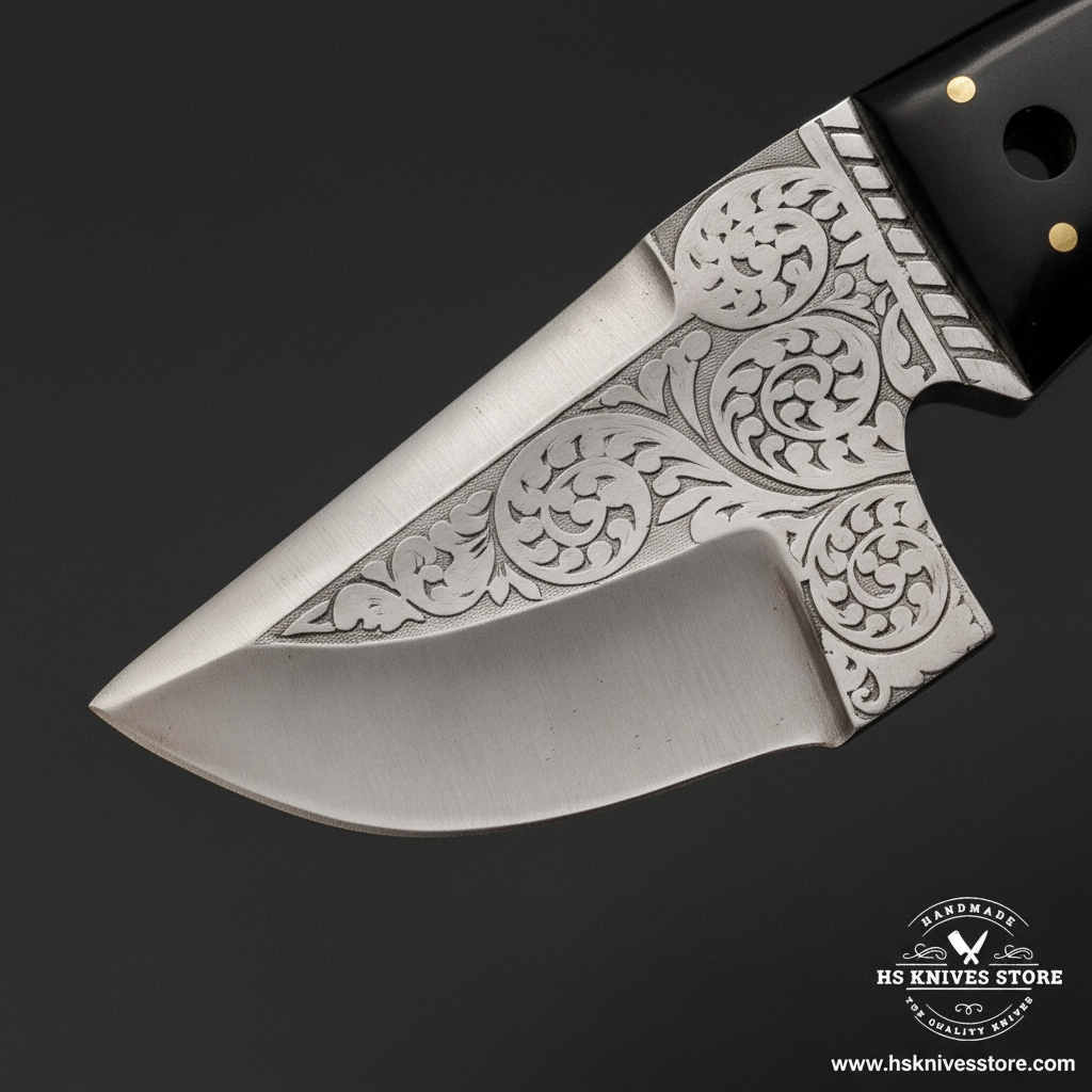 Close-up of J2 steel skinner knife blade showing hand-engraved floral scroll pattern and integrated engraved bolster