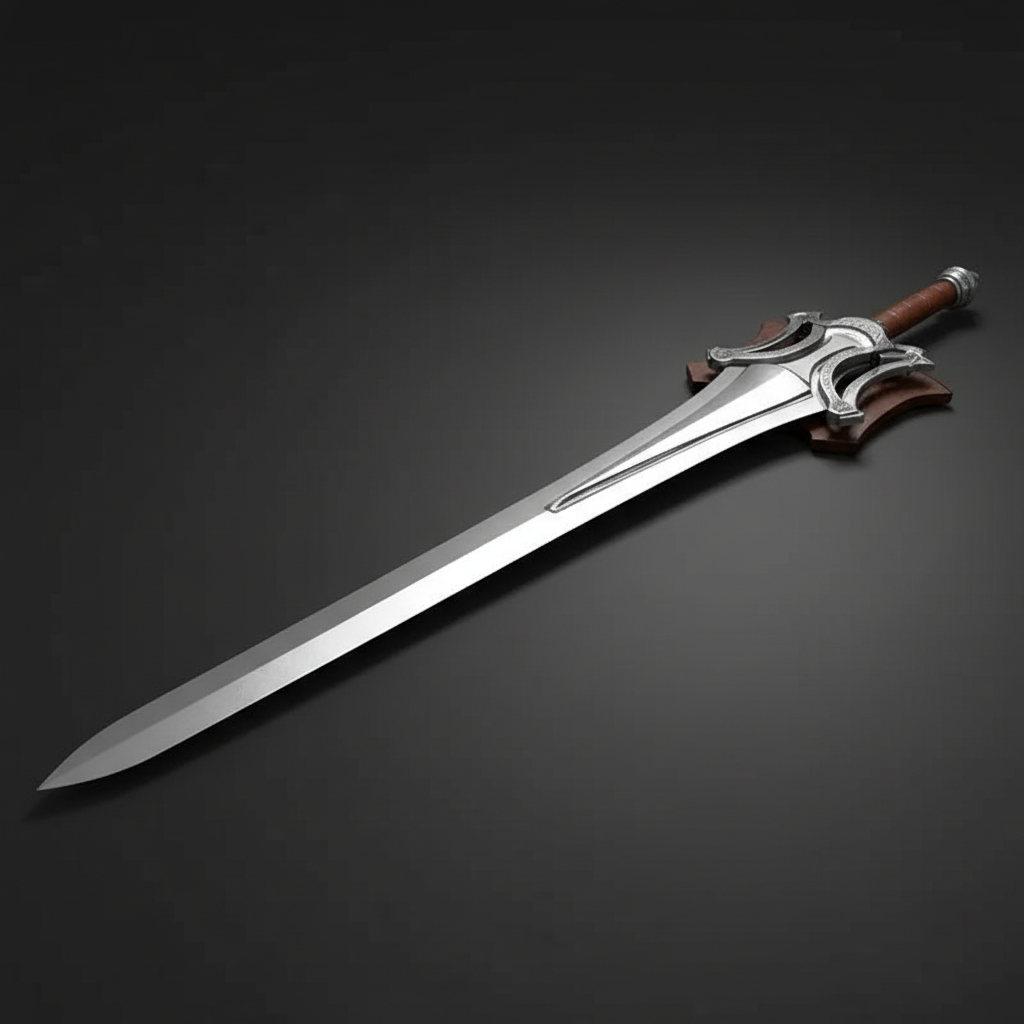 Fantasy medieval broad sword with ornate silver guard on dark charcoal studio background left facing