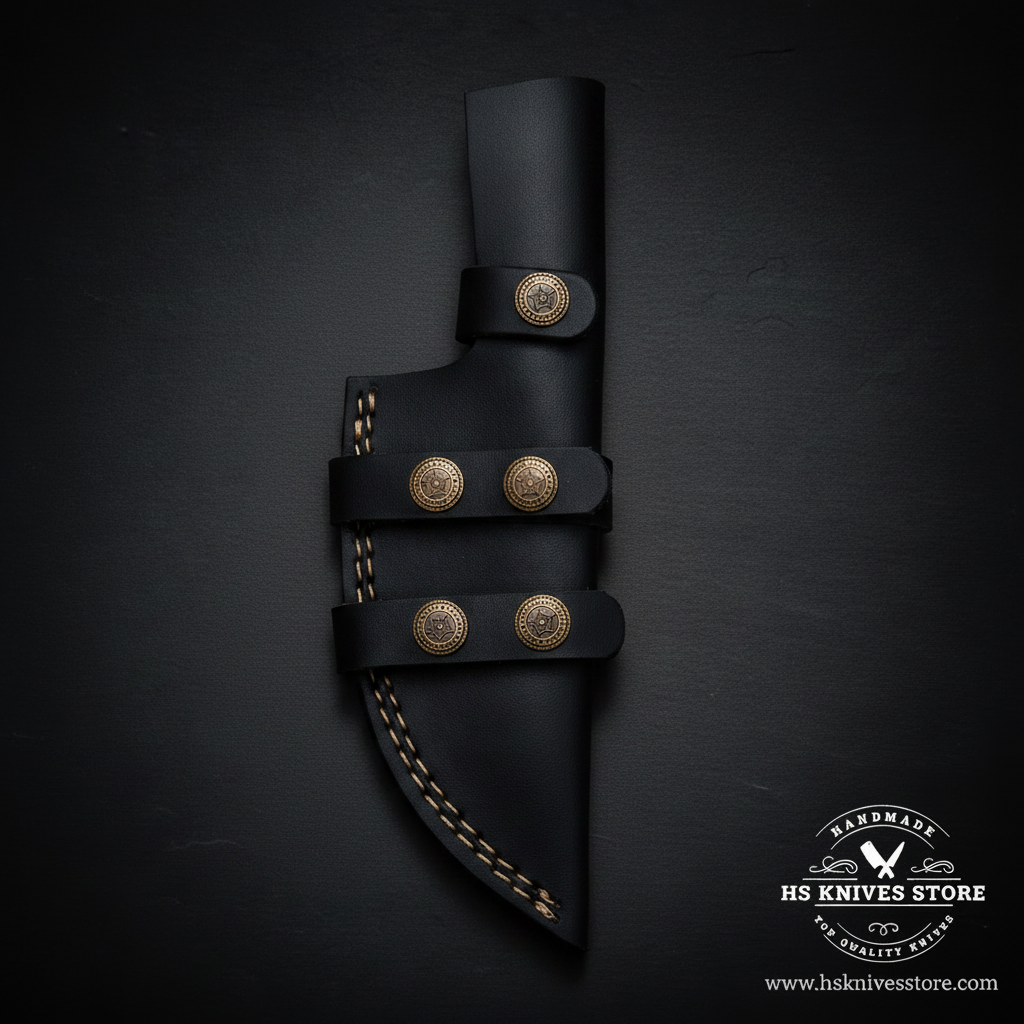 Macro view of the black leather sheath with star buttons, double stitching, and belt loop