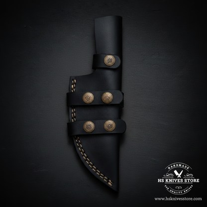 Macro view of the black leather sheath with star buttons, double stitching, and belt loop