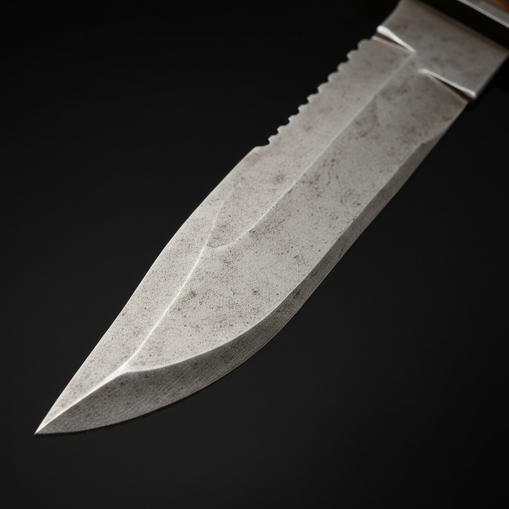 1095 high-carbon steel hunting knife blade close-up serrated spine sharp edge macro