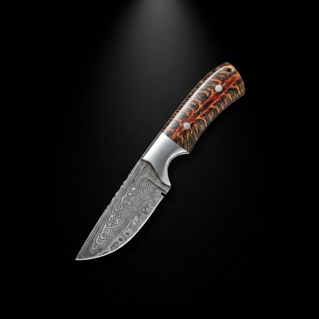Damascus skinner knife pinecone resin handle black background no sheath studio shot