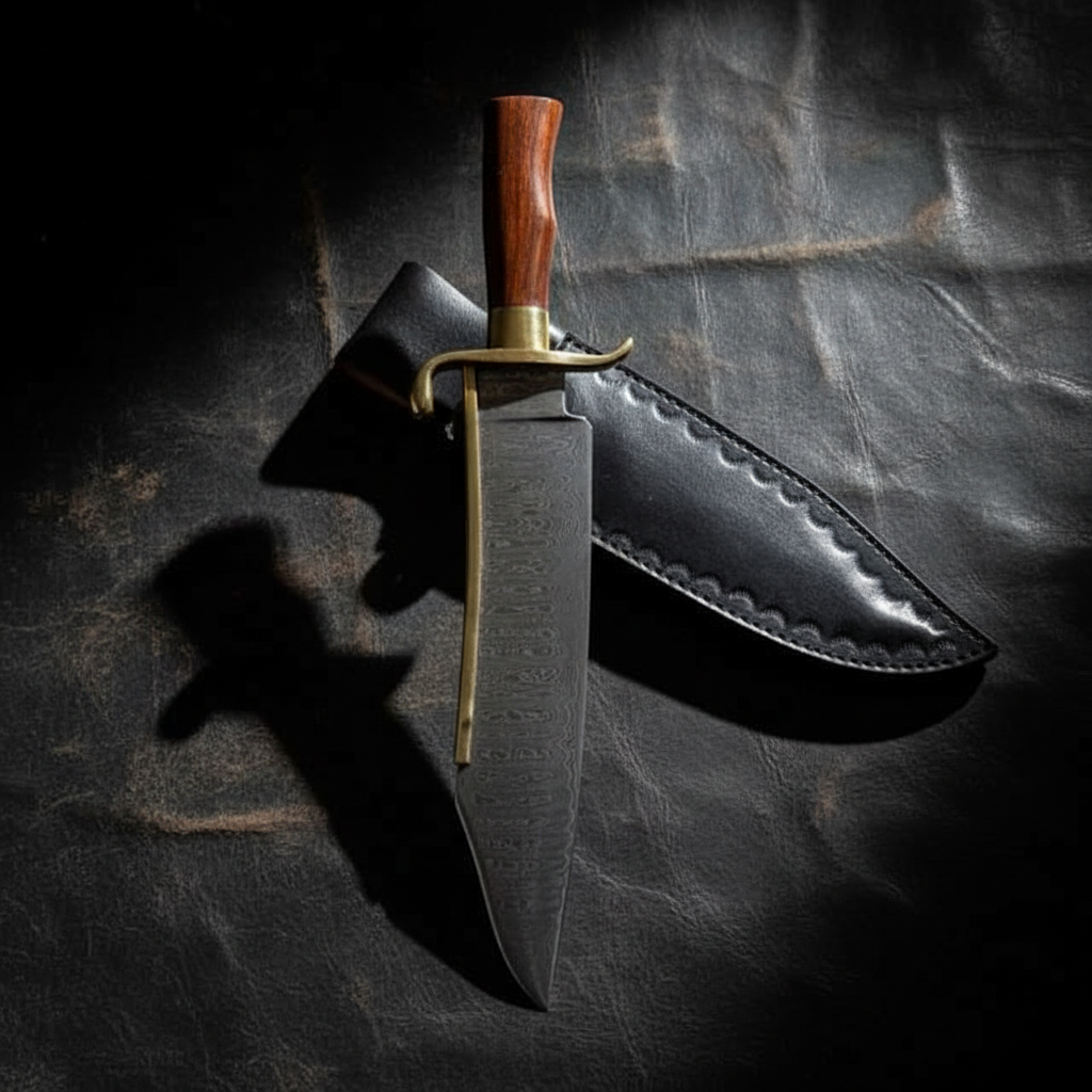 Damascus steel Bowie knife with rosewood handle vertical luxury shot on dark aged leather surface dramatic side lighting collector display