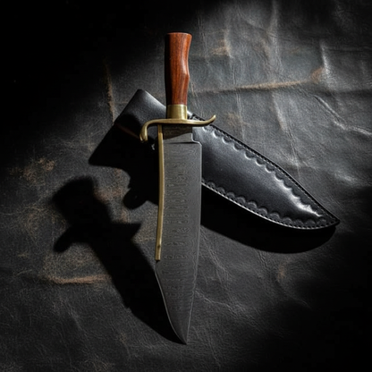Damascus steel Bowie knife with rosewood handle vertical luxury shot on dark aged leather surface dramatic side lighting collector display