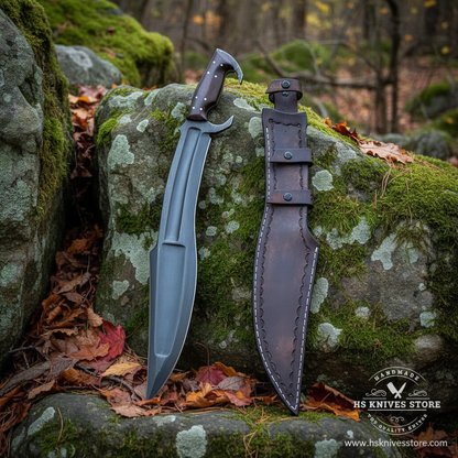 Spartan Kopis sword resting on large mossy rocks in outdoor forest setting with distressed leather sheath clearly visible