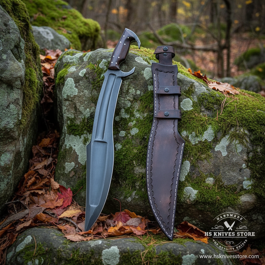 Spartan Kopis sword resting on large mossy rocks in outdoor forest setting with distressed leather sheath clearly visible