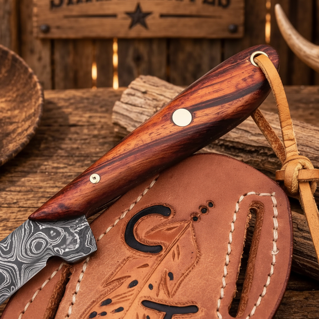 Close-up of the natural rose wood handle and pins on a Damascus Bull Cutter Knife