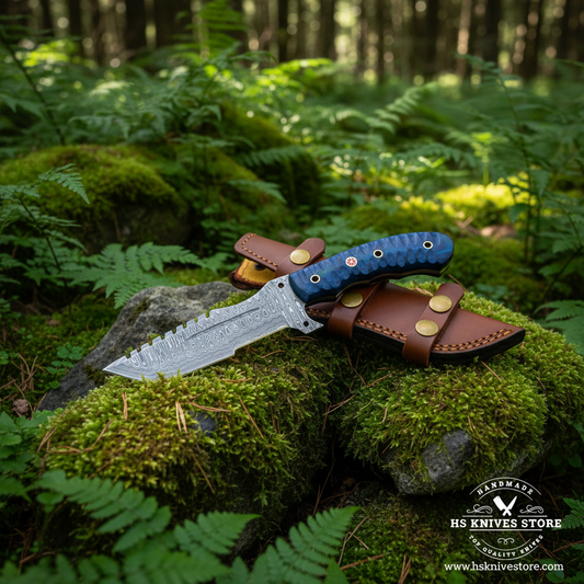 Damascus tracker knife with blue pakkawood handle and tan leather sheath placed on mossy rocks in forest outdoor setting