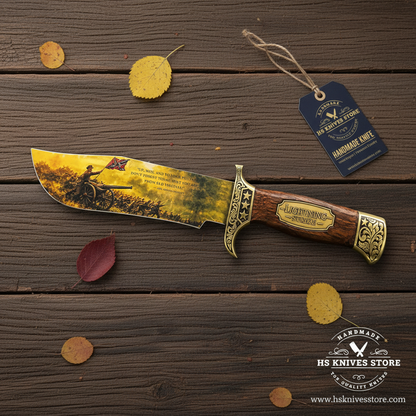 Lightning Strike Bowie knife and hang tag arranged on rustic wood with scattered autumn leaves