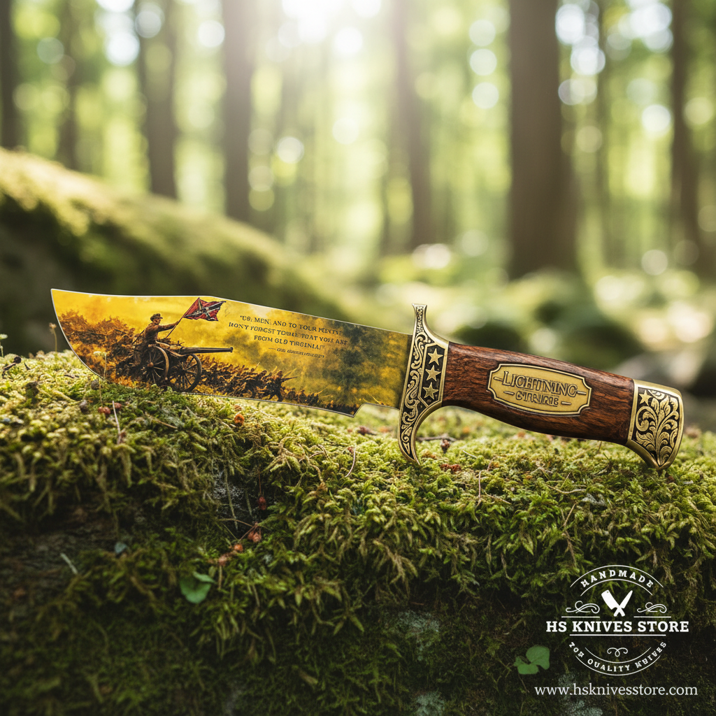Lightning Strike Bowie knife with historical artwork resting on mossy rocks in a forest setting