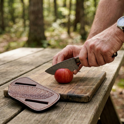 Adult using a mini Damascus knife to slice an apple on a campsite cutting board
