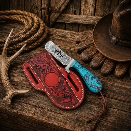 Damascus Bull Cutter Knife with epoxy resin handle and leather belt sheath at a Texas ranch
