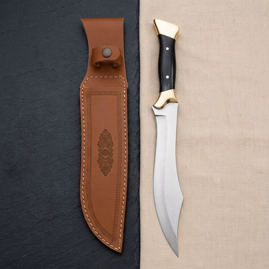 Reverse view of 17-inch overall D2 Bowie knife with black horn handle
