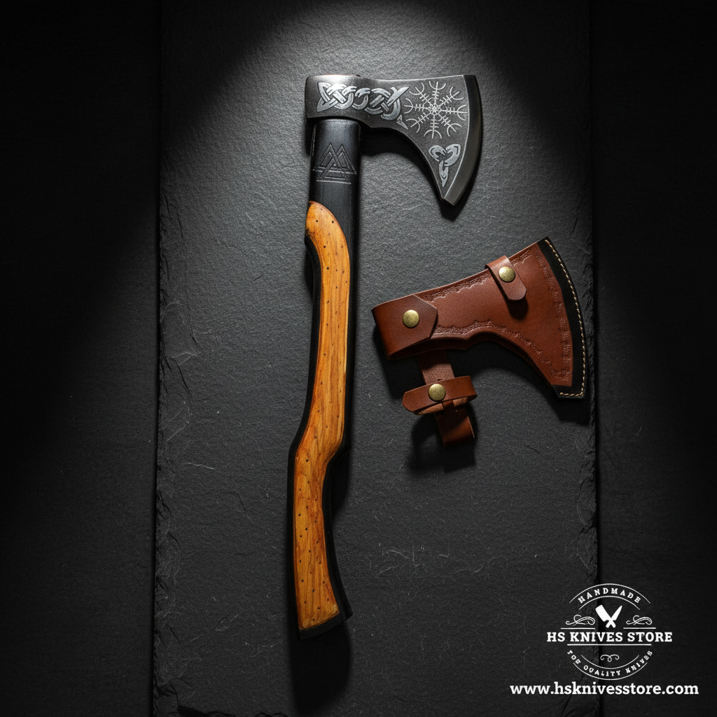 Viking Norse tomahawk axe displayed vertically on dark slate with carbon steel etched head and ash wood handle luxury shot