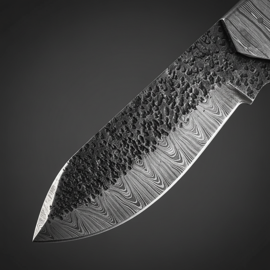 Damascus steel blade close-up showing hammered spine texture and flowing layered Damascus pattern