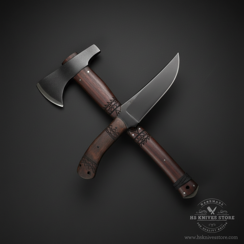 Carbon steel Viking axe and knife gift set Norse tribal engraved walnut handles dark charcoal studio mirror layout