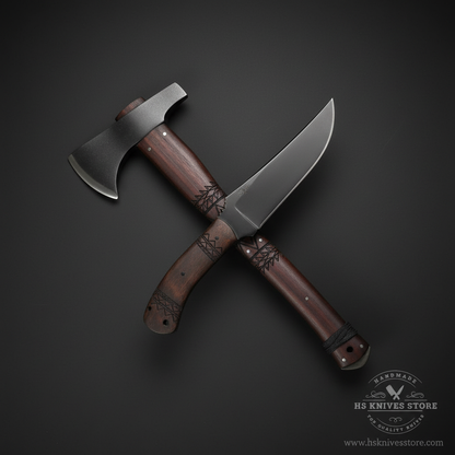 Carbon steel Viking axe and knife gift set Norse tribal engraved walnut handles dark charcoal studio mirror layout