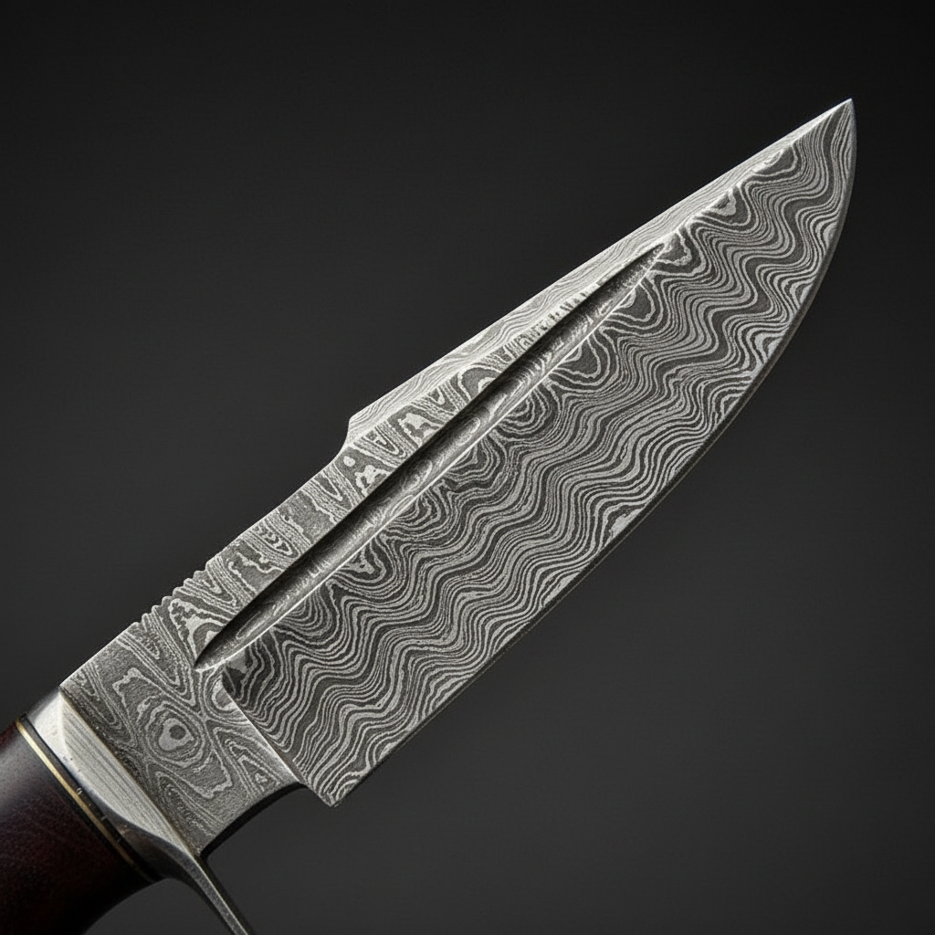 Damascus steel blade close-up showing wavy water-flow layered pattern and sharp drop point edge