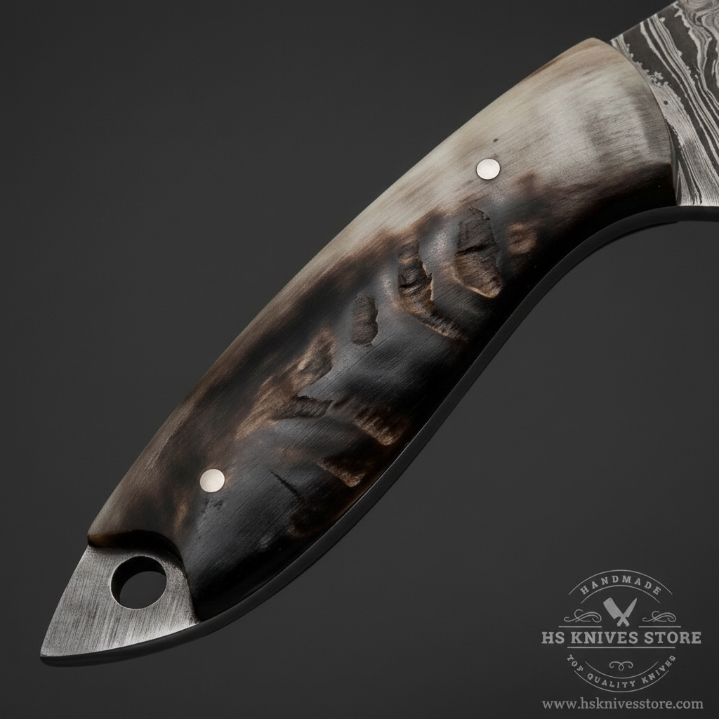 Close-up macro of natural ram horn handle with smooth dark charcoal surface subtle grain and two silver pin rivets on Damascus skinner knife