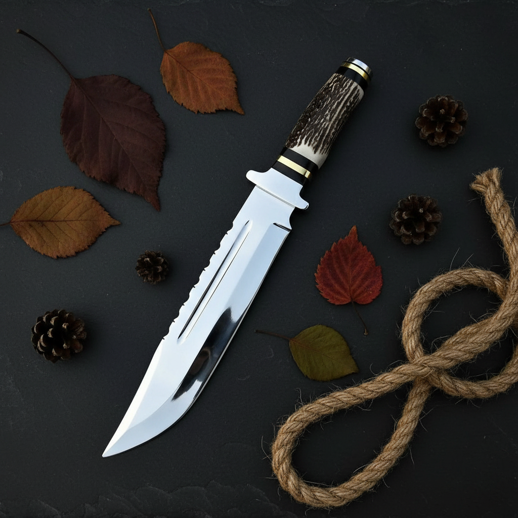 D2 steel Bowie knife with stag antler handle flat lay on dark slate stone with autumn leaves pine cones and rope overhead view