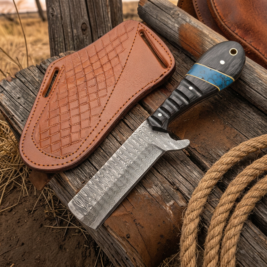 Damascus Cowboy Bull Cutter knife and tan pancake sheath in a rustic ranch display