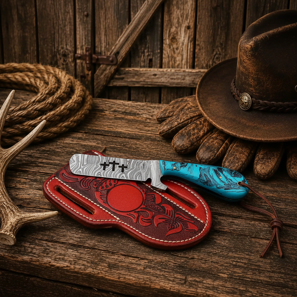 Full tang Damascus Bull Cutter Knife with epoxy resin handle in a western gift display