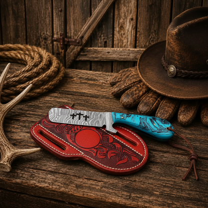 Full tang Damascus Bull Cutter Knife with epoxy resin handle in a western gift display