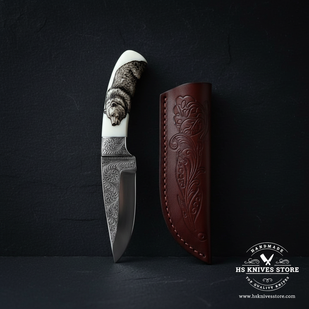 D2 steel engraved skinner knife with bear white resin handle displayed vertically on dark slate luxury studio background