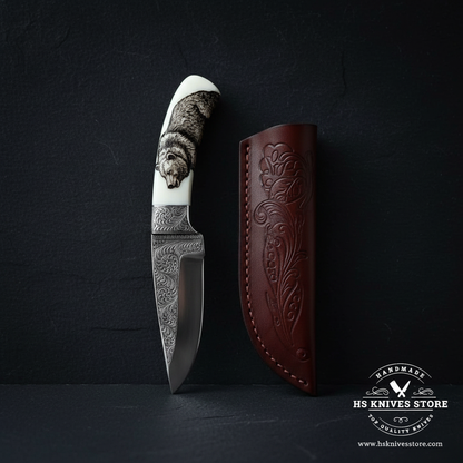 D2 steel engraved skinner knife with bear white resin handle displayed vertically on dark slate luxury studio background