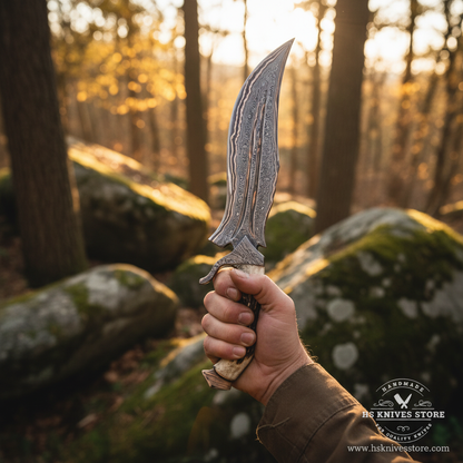 Hunter hand gripping natural stag handle Damascus copper Bowie knife in confident outdoor pose forest golden sunlight