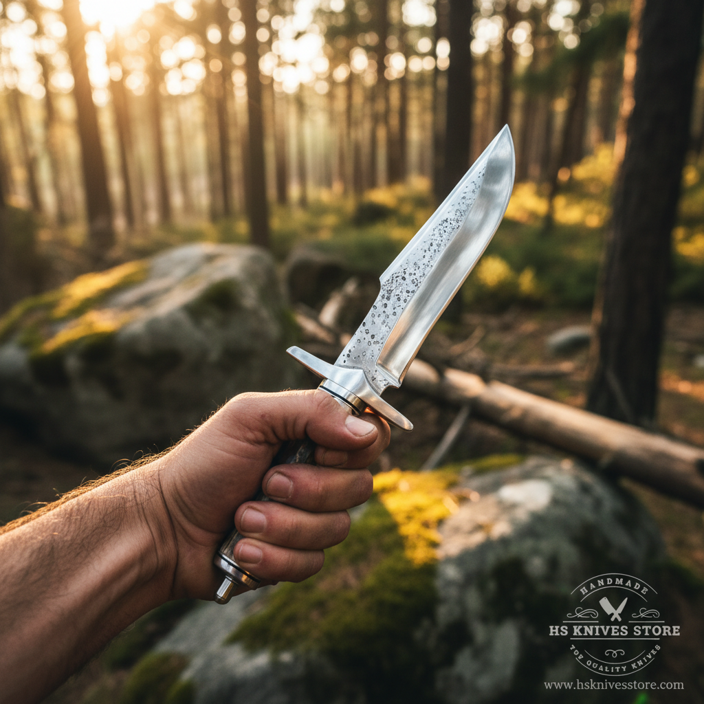 Hunter hand gripping natural stag antler handle Bowie knife in action pose outdoor forest golden sunlight