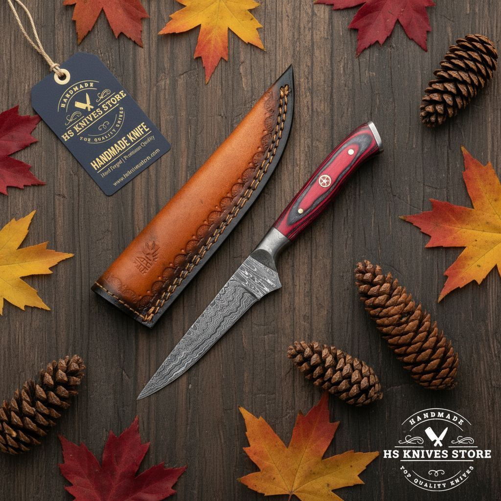 Damascus skinning knife flat lay with red hardwood handle and HS Knives Store hang tag on rustic dark wood with autumn leaves