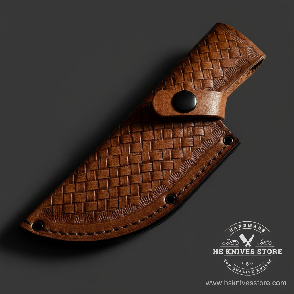 Close-up of tan basket weave leather knife sheath with black trim and black snap button on dark charcoal background