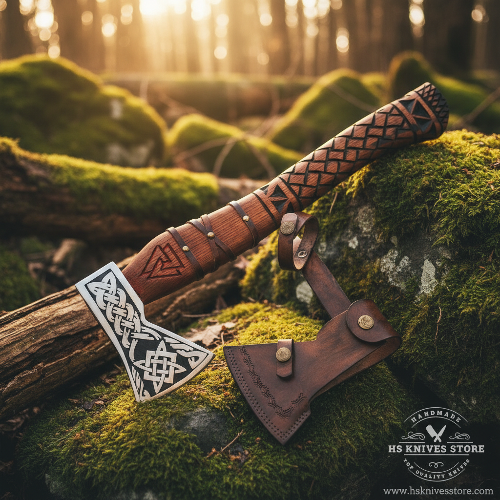 Handmade Viking axe Celtic knot etched head carved rosewood handle resting on mossy rocks in outdoor forest setting golden sunlight