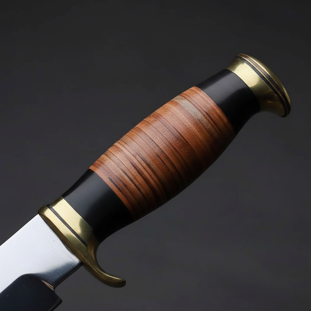 Close-up macro of stacked leather ring handle with black spacers, brass guard quillon and brass pommel cap