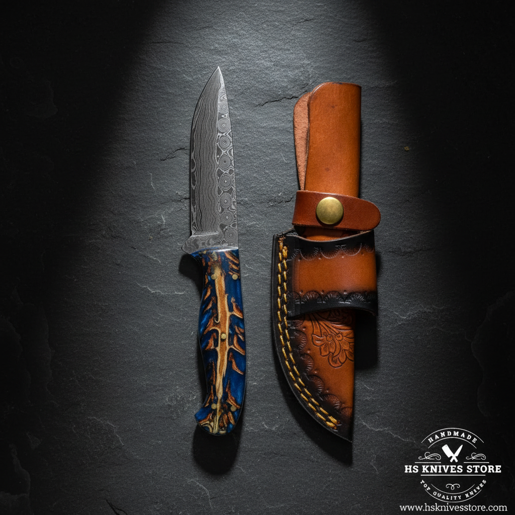 Damascus steel skinner knife displayed vertically on dark slate with blue resin pine cone handle and two-tone leather sheath luxury shot